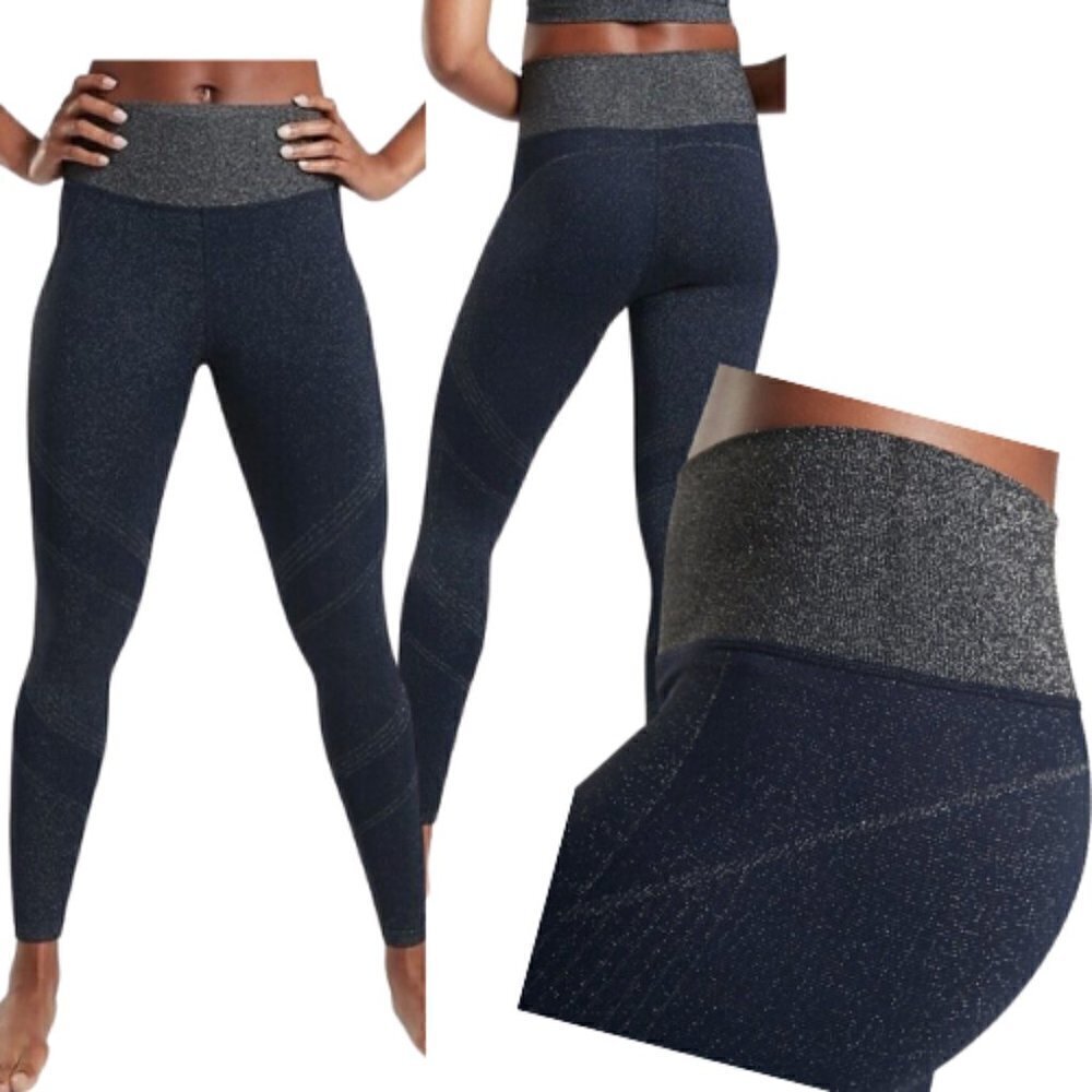 ATHLETA Navy Metallic Sparkle Twilight Tight Seamless Leggings Size M